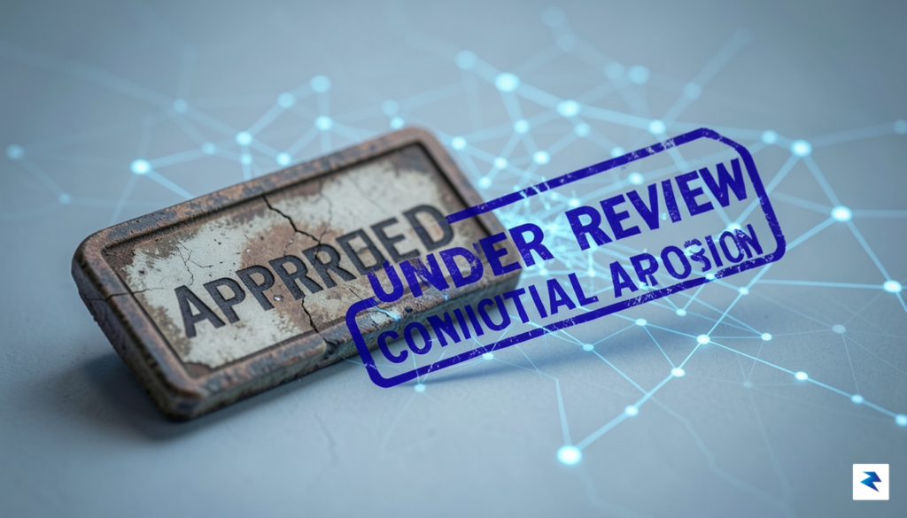 A metaphorical image showing an old, weathered "Approved" stamp being…