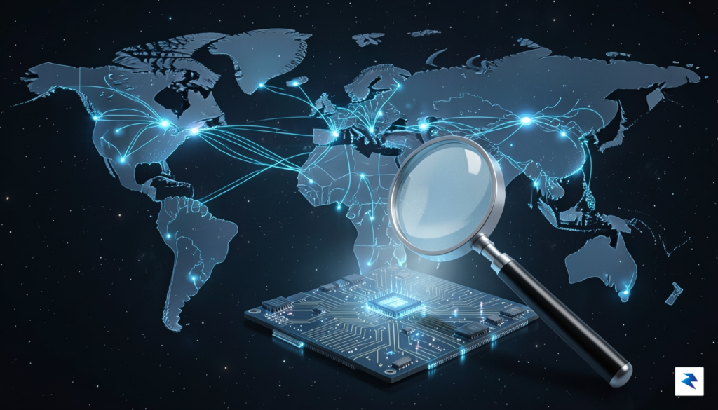A conceptual illustration showing a digital map of global supply…
