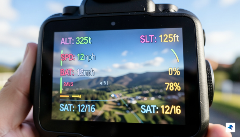 A close-up, high-definition photo of a DJI drone controller screen…