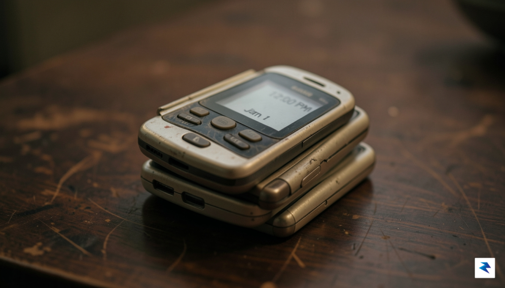 A close-up, cinematic shot of a stack of simple, older-model…