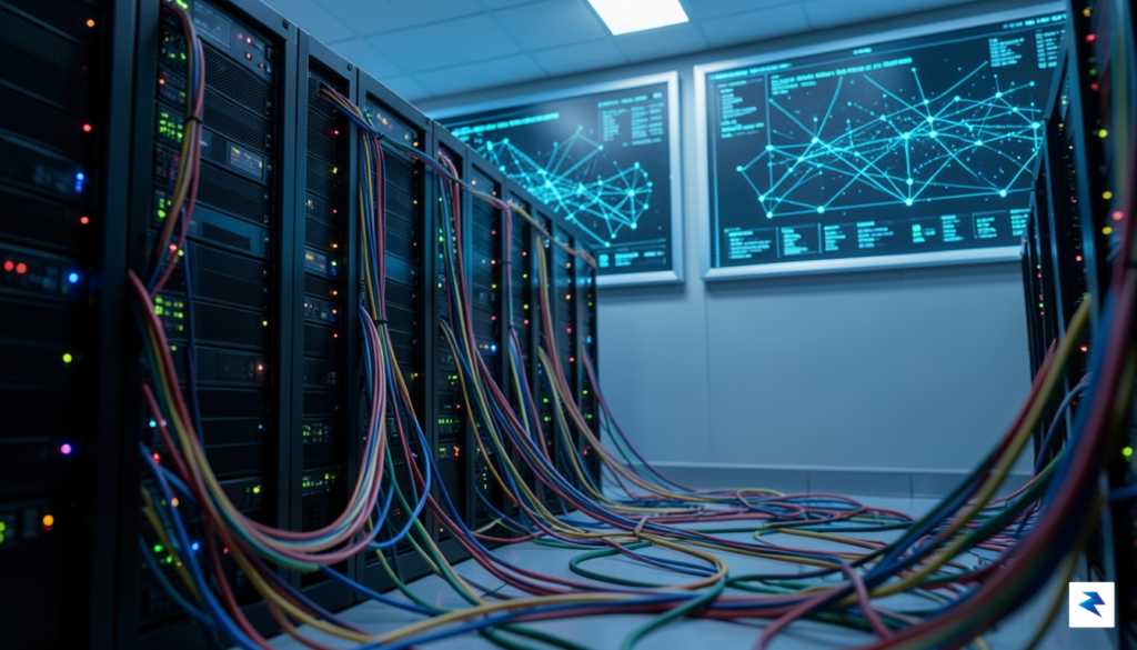 A modern, high-tech server room with blurred network cables in…