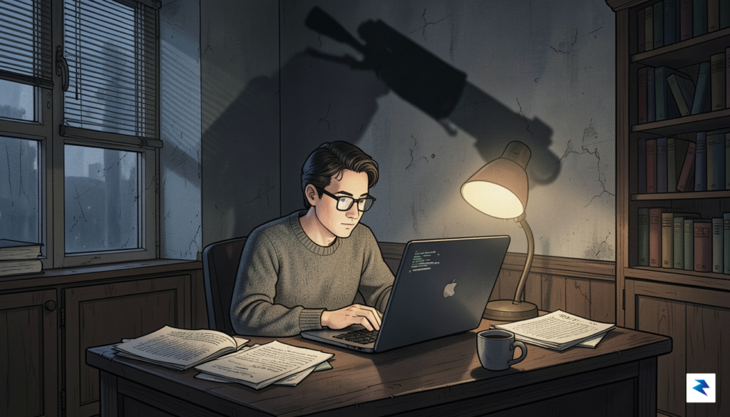 A conceptual illustration showing a journalist sitting at a desk…