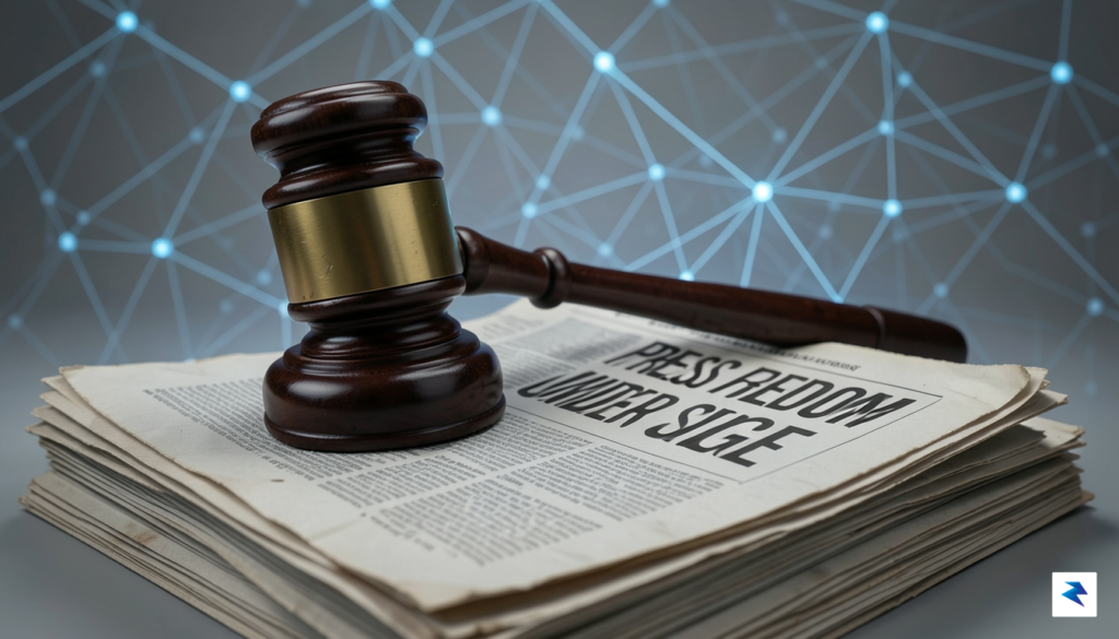 A conceptual illustration showing a gavel resting on a stack…