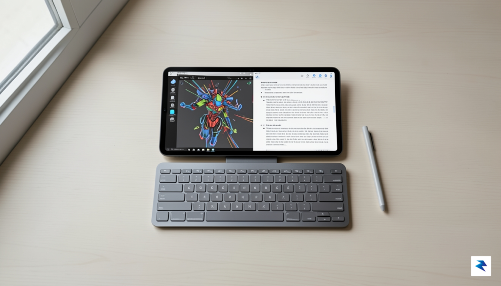 A high-resolution, top-down photograph of an iPad Pro with a…