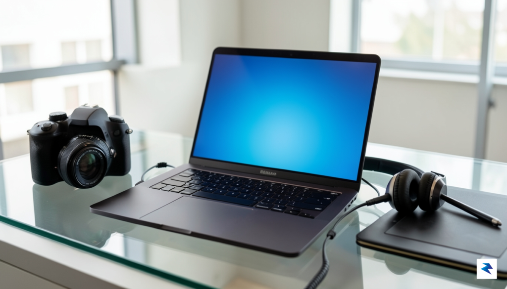 A sleek, modern MacBook Pro laptop, glowing with a vibrant,…