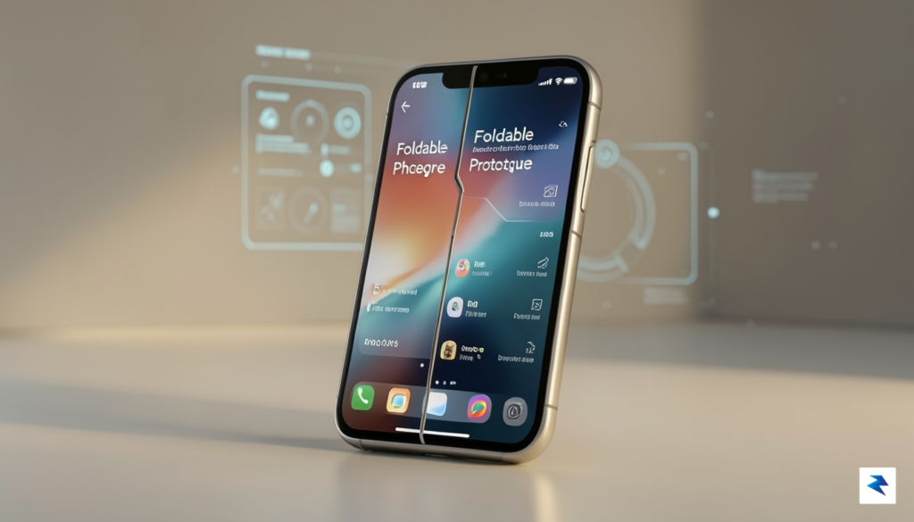 A sleek, futuristic foldable iPhone prototype with a barely visible…