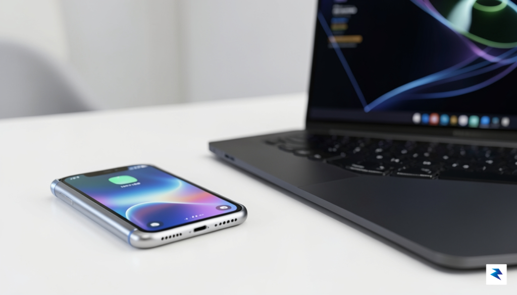 A sleek, futuristic rendering of a foldable iPhone on a…