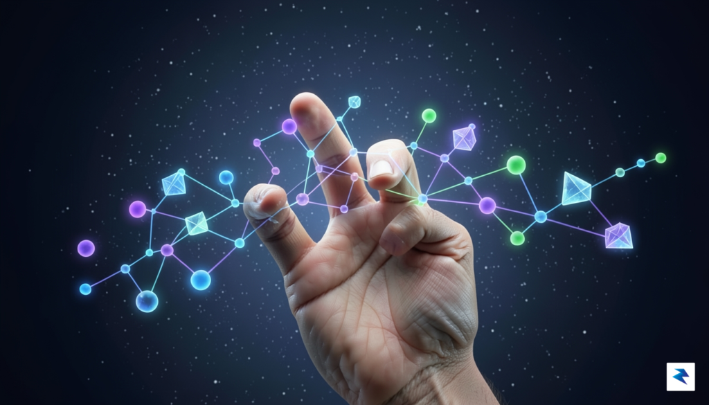 A conceptual illustration showing a human hand guiding a digital&hellip;