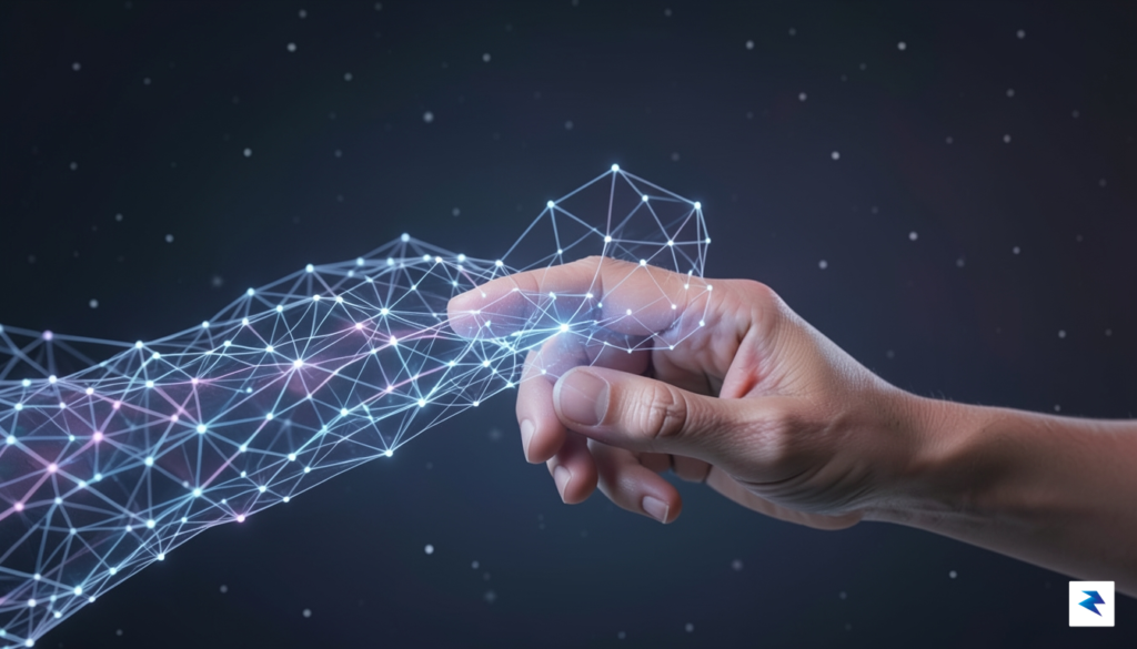 A conceptual illustration showing a translucent digital network merging seamlessly&hellip;