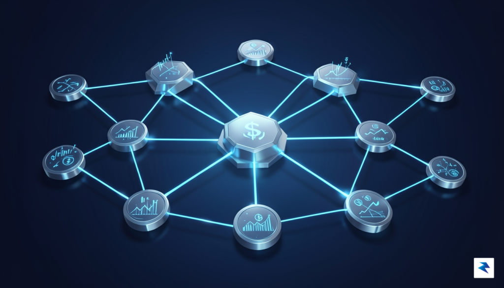 A modern, sleek digital illustration representing a glowing, interconnected global…