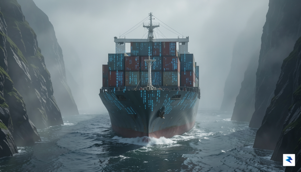 A wide-angle digital illustration showing a massive, automated container ship…