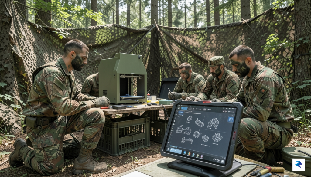 A tactical field scene showing soldiers using portable 3D printing…