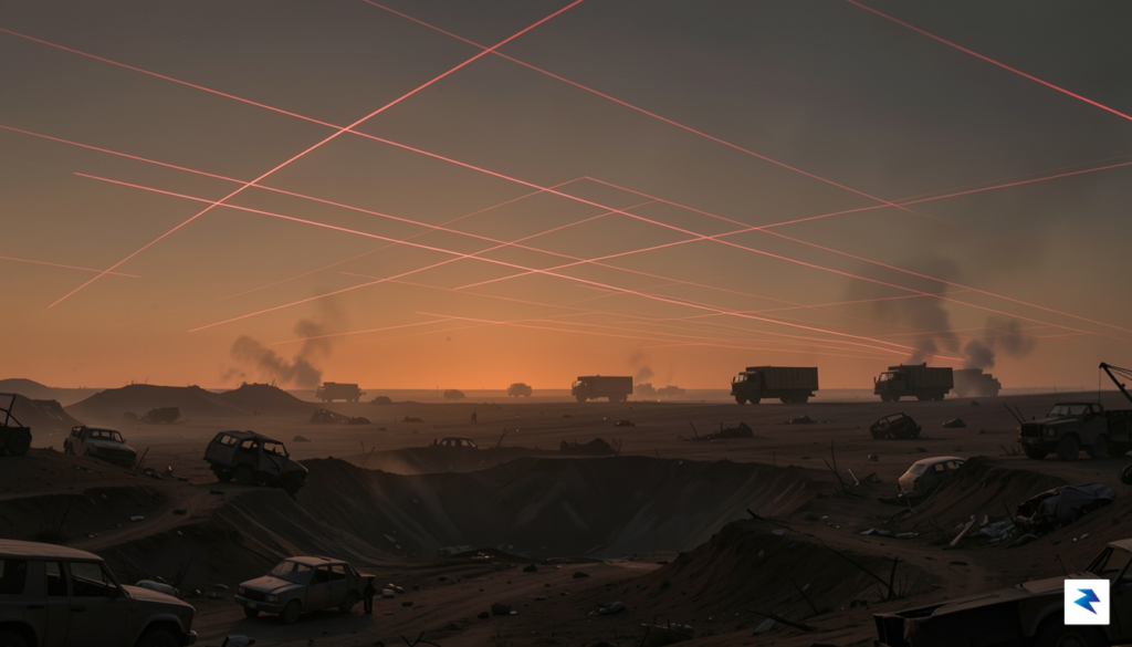 A wide-angle digital illustration showing a modern, barren battlefield at…