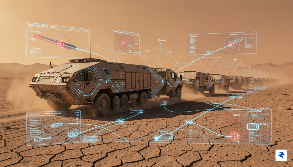 A wide-angle digital illustration showing a futuristic, high-tech U.S. Army…