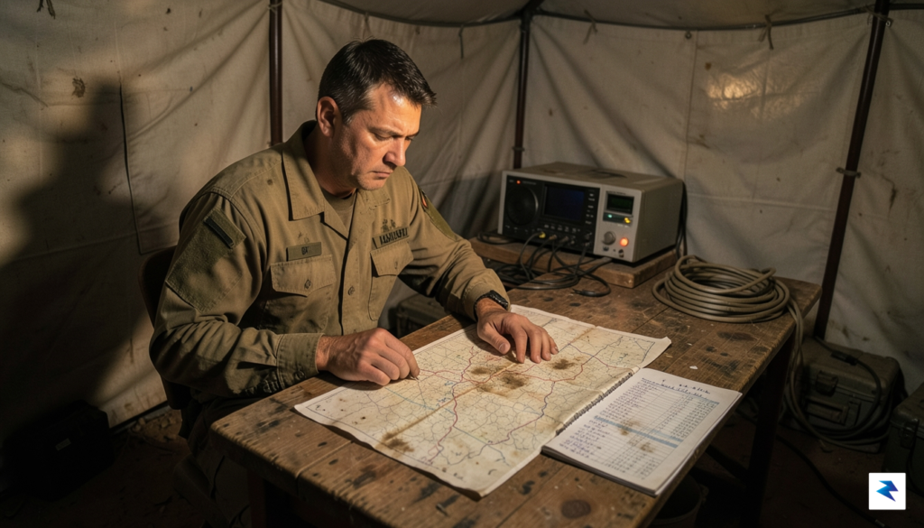 A gritty, realistic depiction of an Army logistics officer in…