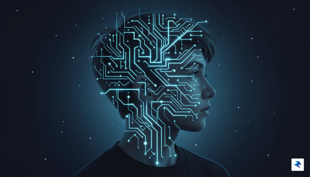 A digital illustration showing a glowing, labyrinthine interface surrounding a…