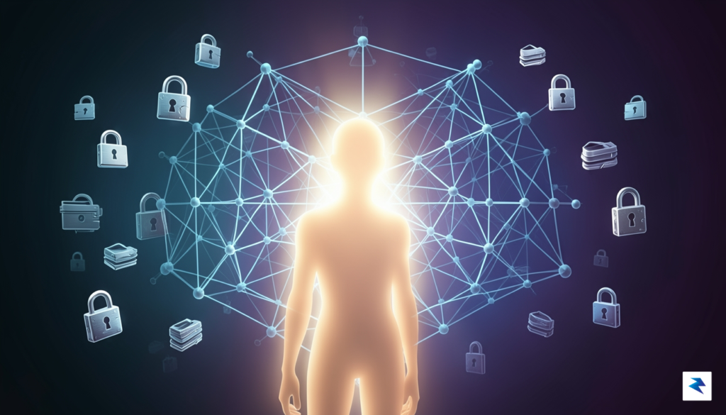 A conceptual digital illustration showing a glowing human silhouette behind…