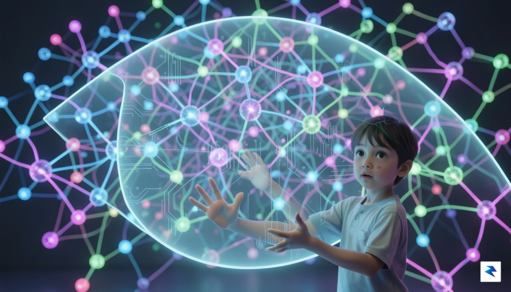 A conceptual digital illustration showing a child looking through a…