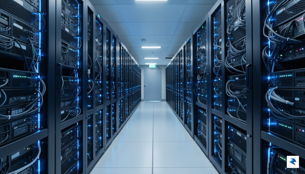 A modern, high-density data center aisle illuminated by neon blue&hellip;