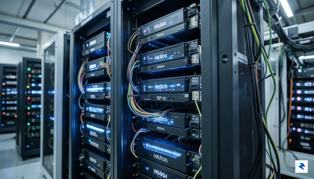 A close-up, high-tech photograph of a server rack filled with&hellip;