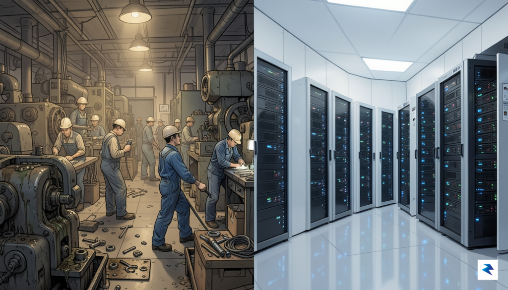 A split-screen illustration showing a bustling 1970s factory floor on&hellip;