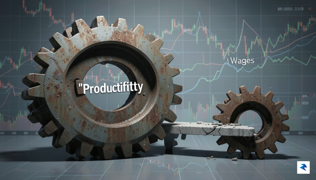 A conceptual illustration showing a large, heavy gear labeled 'Productivity'&hellip;