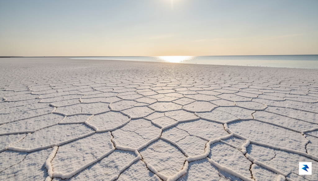 A wide-angle landscape photograph showing the expansive, cracked, and white&hellip;