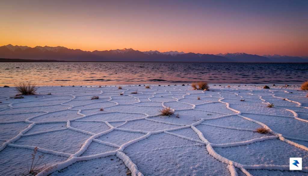 A wide-angle landscape shot of the Great Salt Lake shoreline&hellip;