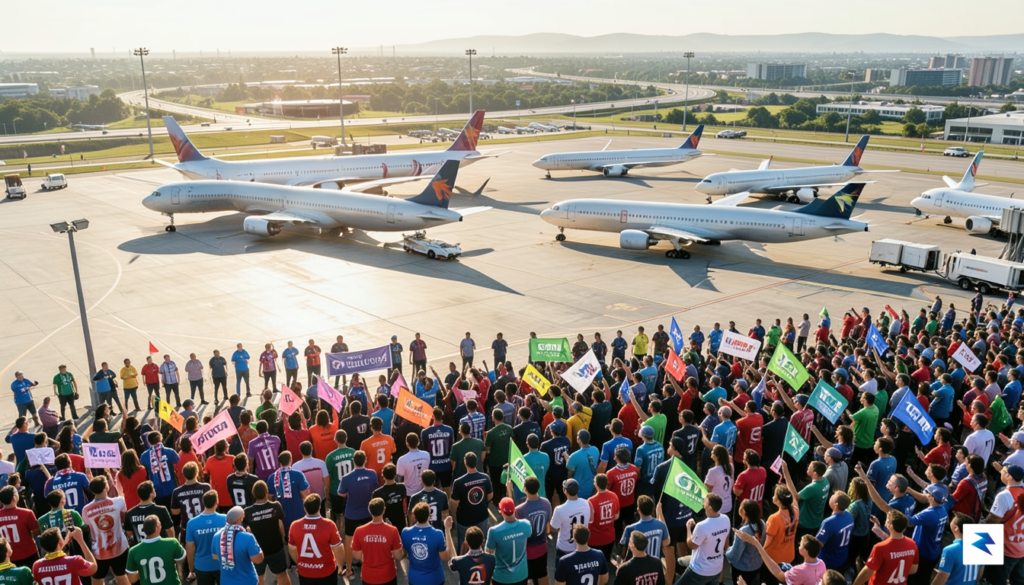An aerial view of multiple passenger airplanes at a busy…