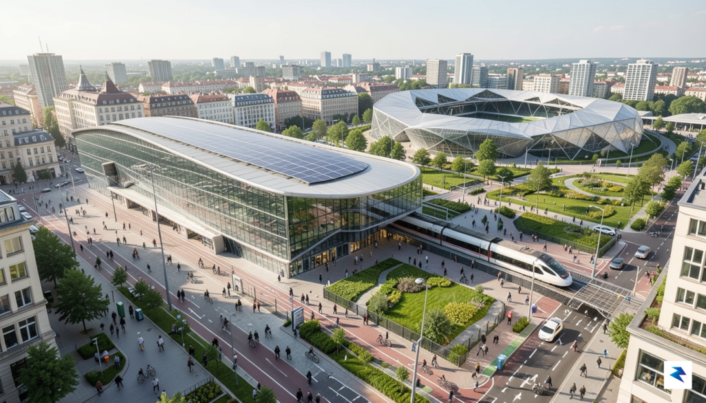 A high-angle, cinematic shot of a modern European city center…