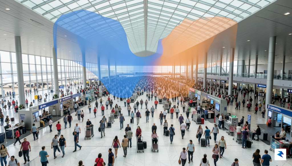 A wide-angle aerial view of a crowded international airport terminal…