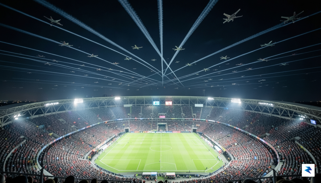 An aerial wide-shot of a crowded, illuminated football stadium at…
