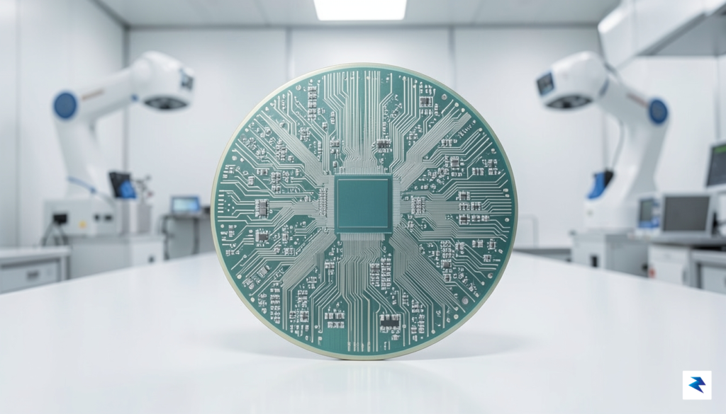 A close-up, artistic shot of a complex silicon wafer inside…