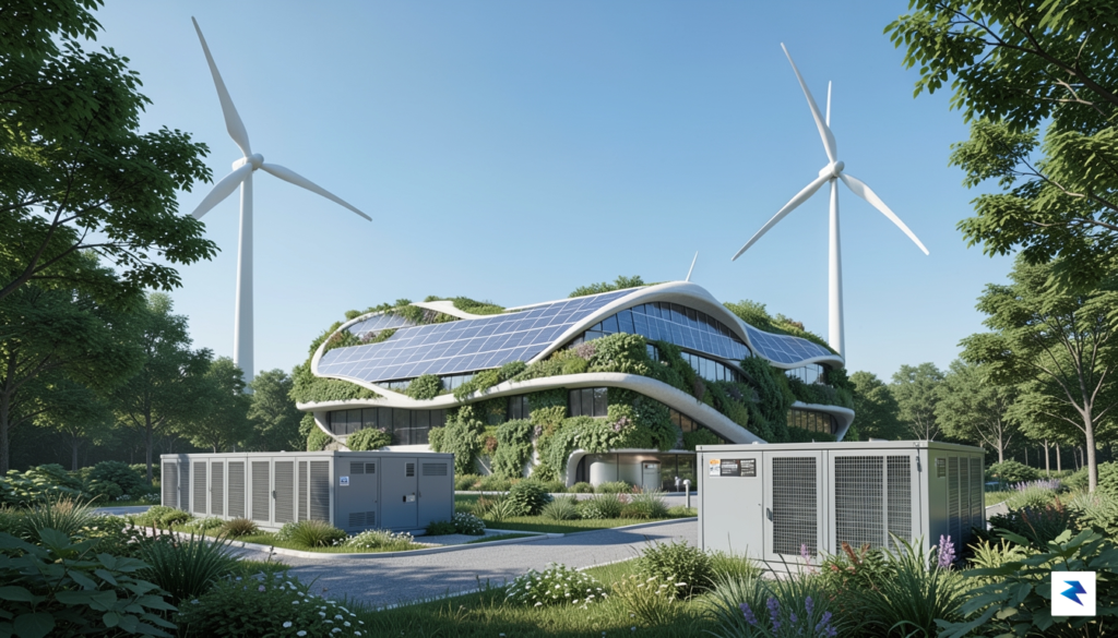 A futuristic data center powered by a mix of solar…