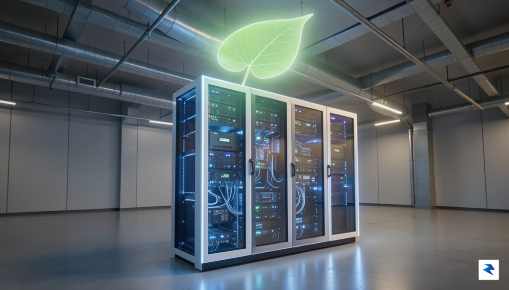 A conceptual digital illustration showing a glowing, futuristic server rack…