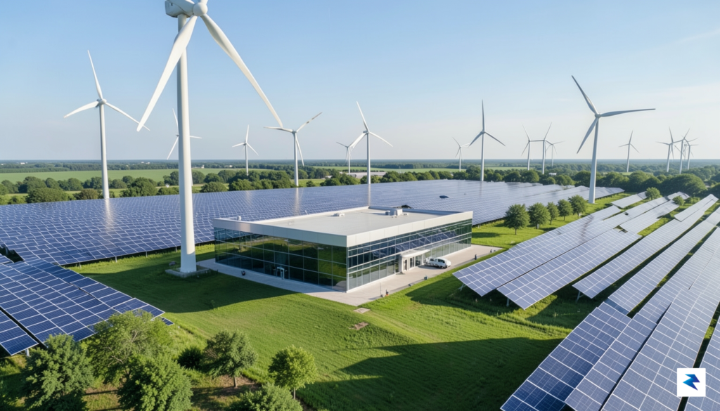 An aerial view of a modern data center integrated into&hellip;