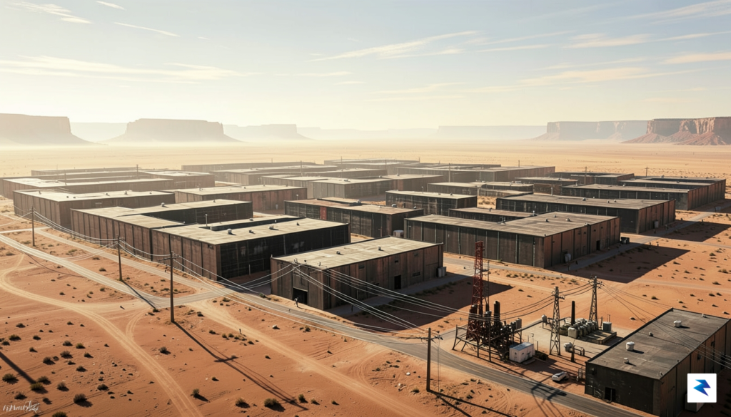 A wide-angle digital illustration showing a sprawling, windowless industrial data&hellip;