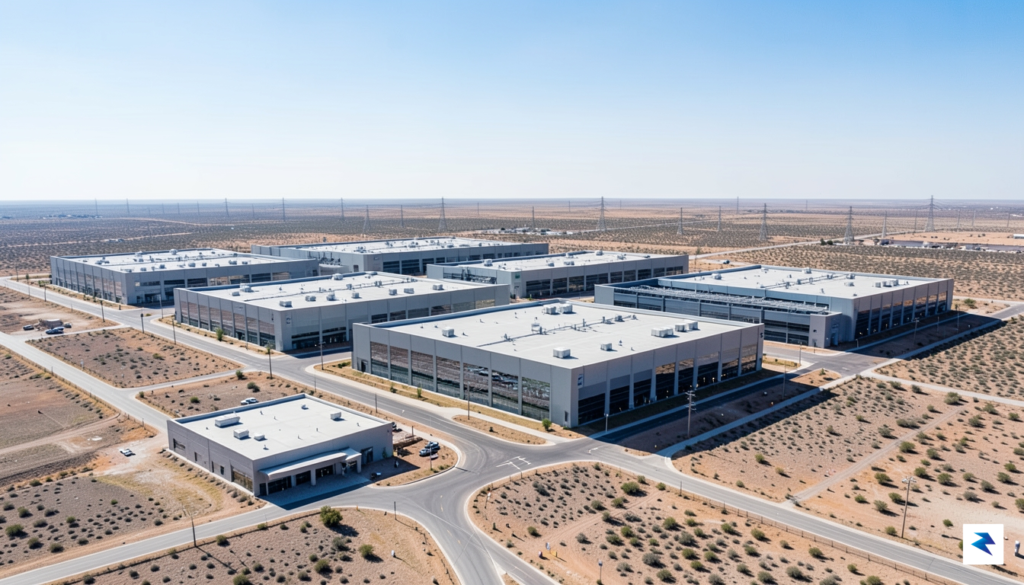 A wide-angle aerial shot of a massive, modern data center&hellip;