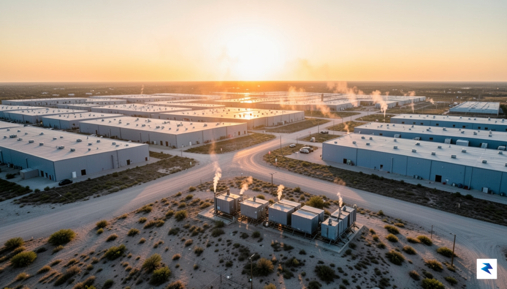 A stark, wide-angle photograph showing a sprawling data center complex&hellip;