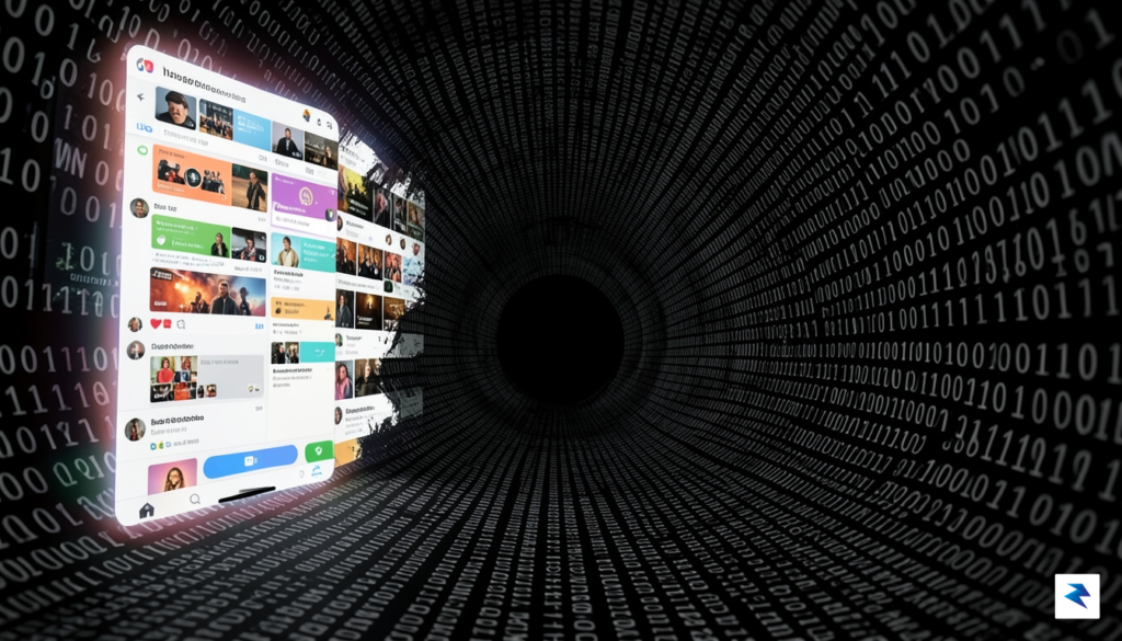 A digital conceptual illustration showing a glowing, colorful social media&hellip;