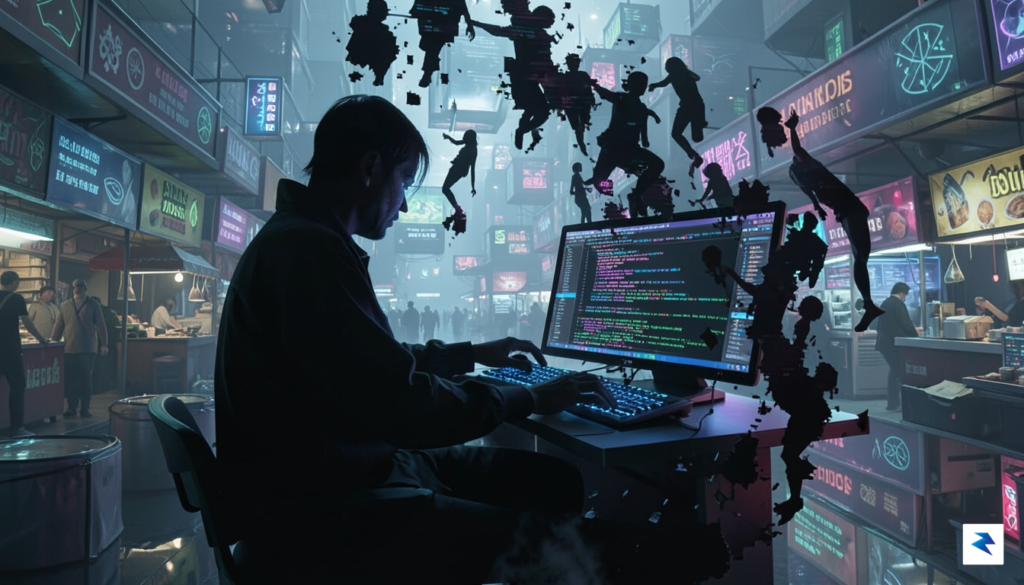 A conceptual digital art piece showing a shadowy figure sitting&hellip;