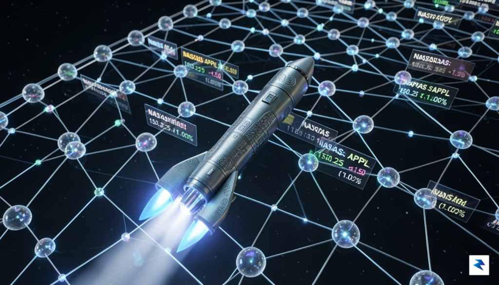 A digital 3D visualization showing a rocket ascending through a&hellip;