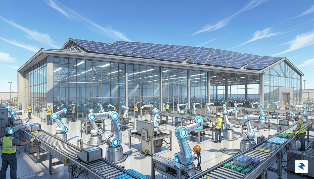 A conceptual illustration showing a bustling American gigafactory facility under…
