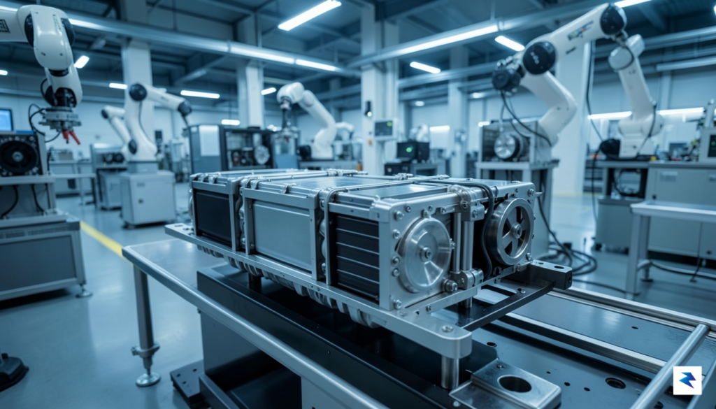 A detailed close-up of an electric vehicle battery pack being…