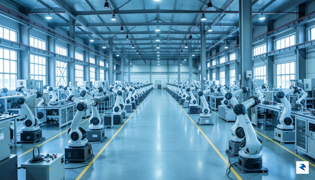 A wide-angle, high-definition photo showing a massive, automated Chinese battery…