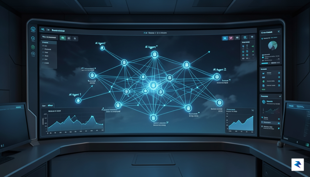 A digital security dashboard showing interconnected nodes representing AI agents…