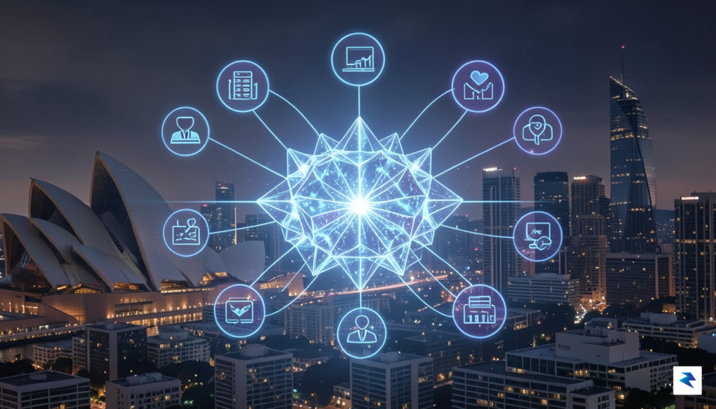 A conceptual digital illustration showing a glowing, multi-faceted AI network…