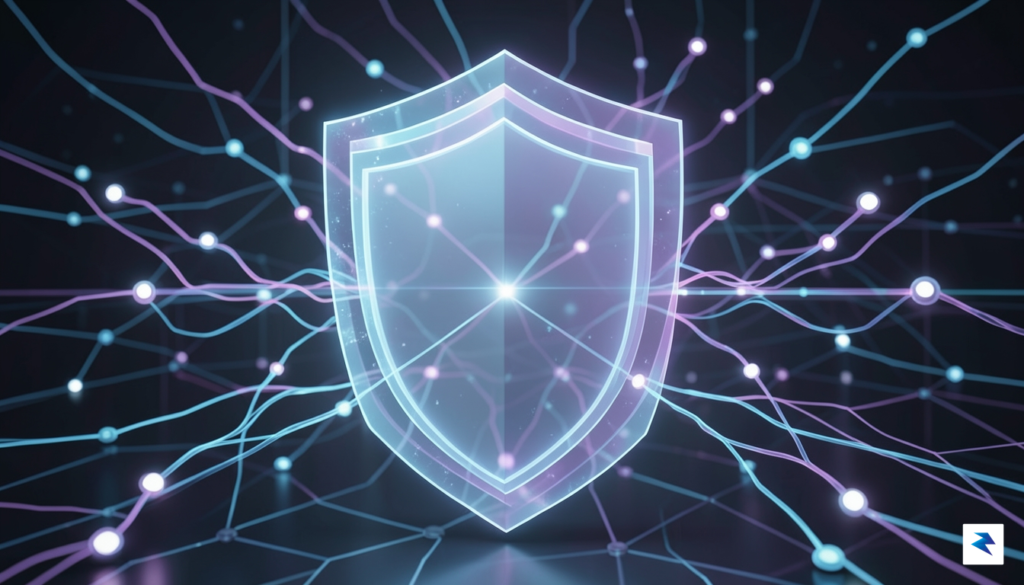 A conceptual digital illustration showing a glowing, multi-layered security shield…