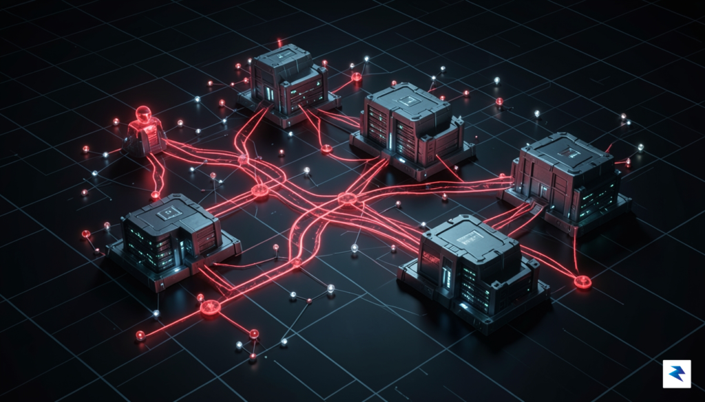 A conceptual digital visualization of a glowing, interconnected network map…