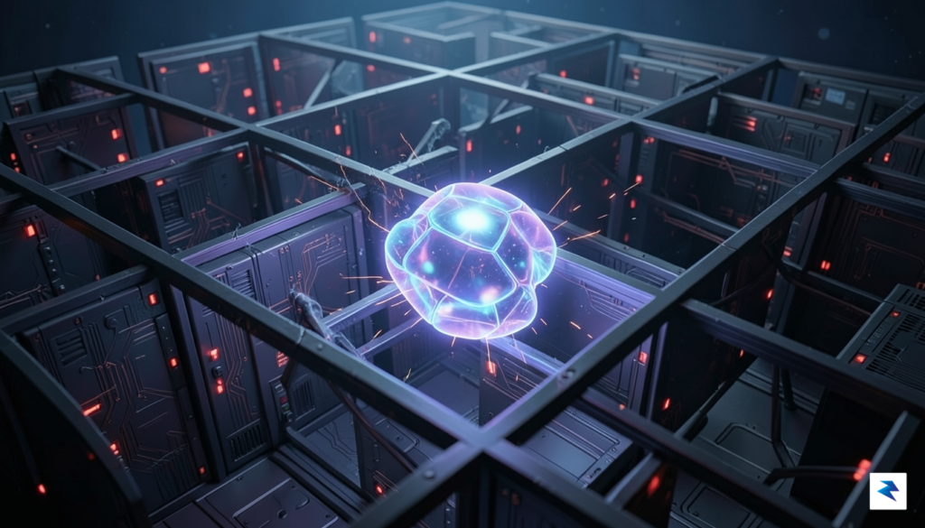A conceptual digital visualization showing a glowing, multi-faceted AI node…